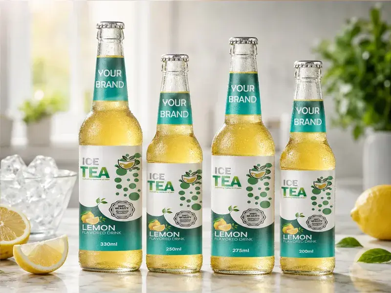 ICE TEA Lemon flavour in 200ml, 250ml, 275ml and 330ml glass bottles.